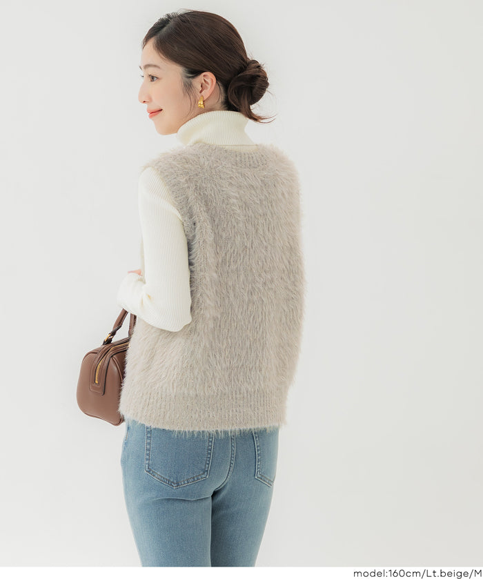 亮片蓬鬆長毛V領針織背心