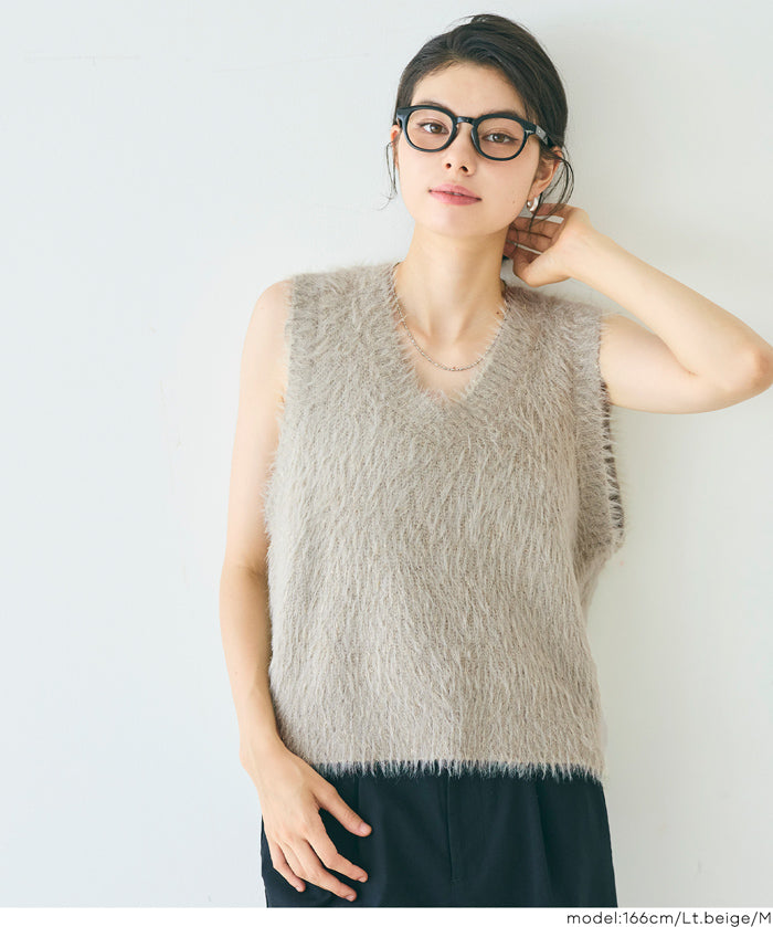 亮片蓬鬆長毛V領針織背心