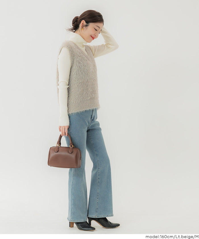 亮片蓬鬆長毛V領針織背心