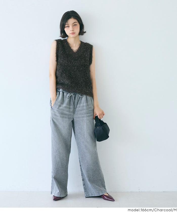 亮片蓬鬆長毛V領針織背心