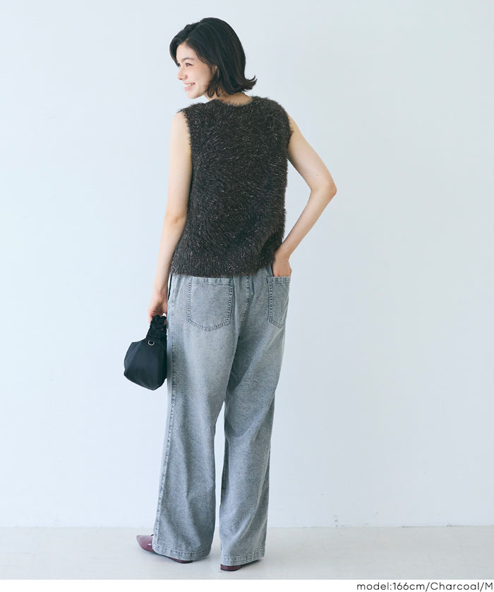 亮片蓬鬆長毛V領針織背心