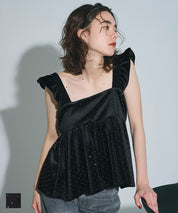 水鑽絲絨荷葉邊上衣