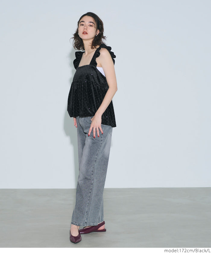 水鑽絲絨荷葉邊上衣