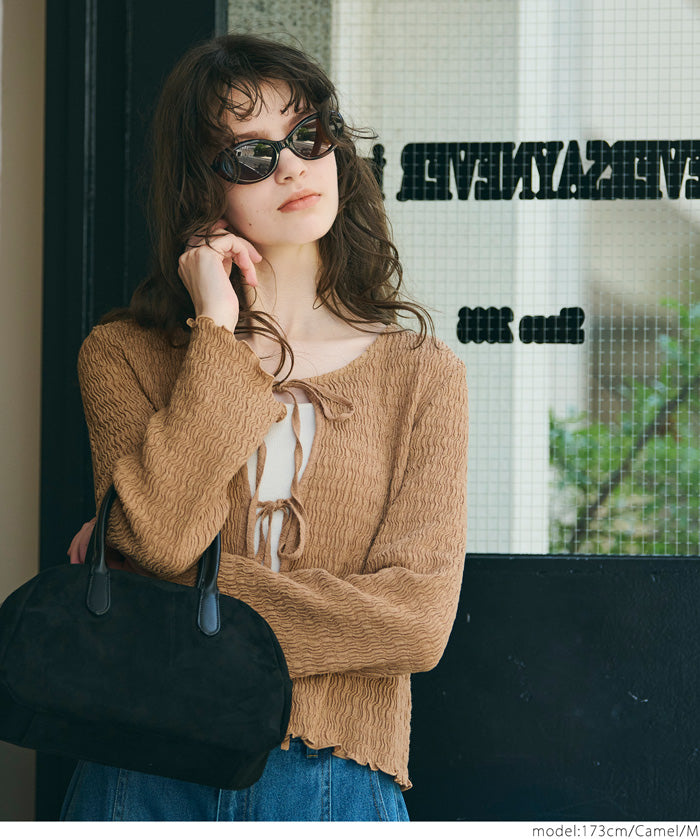 波紋皺褶蝴蝶結綁帶外套