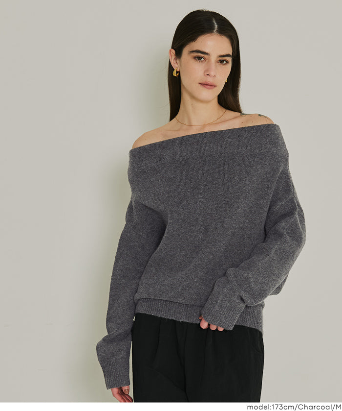 縮絨針織一字領上衣