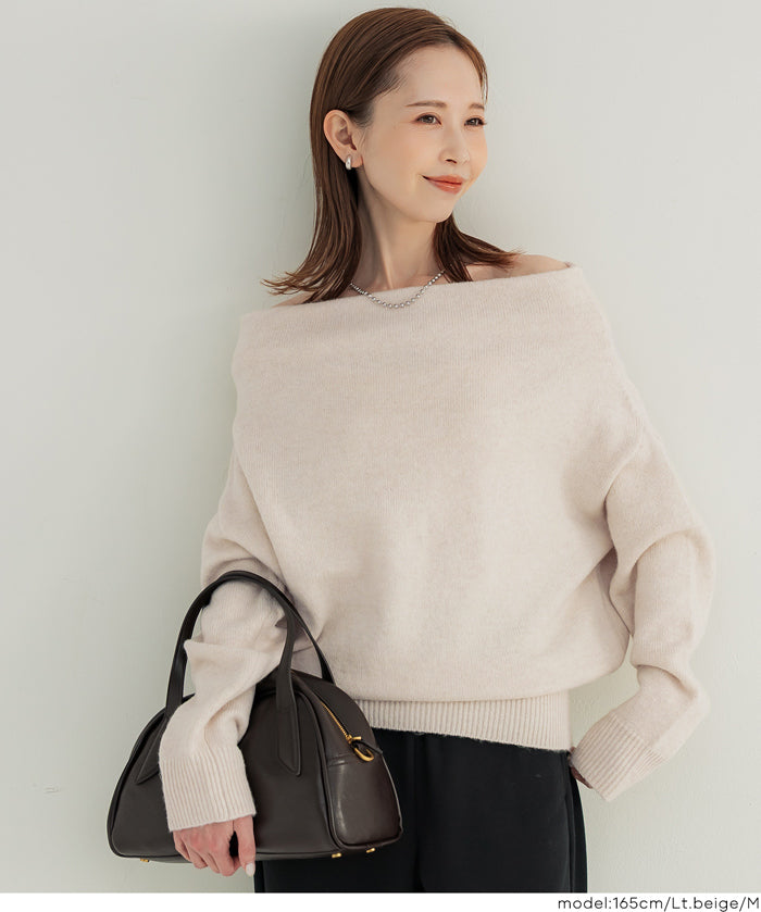 縮絨針織一字領上衣