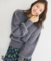 袖珍珠裝飾長毛針織上衣
