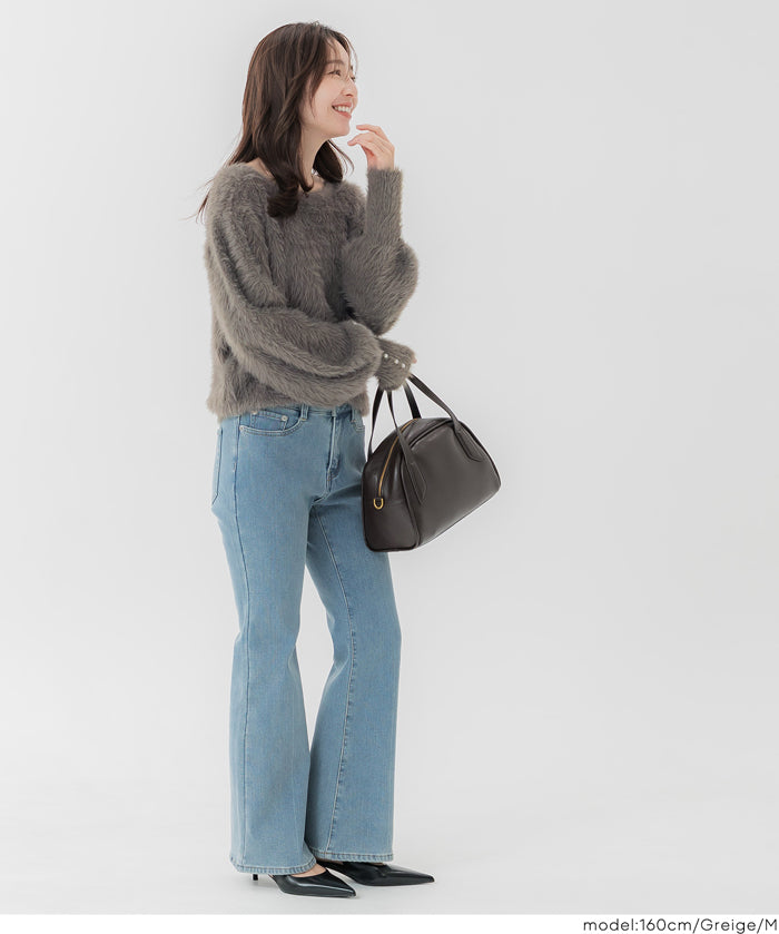 袖珍珠裝飾長毛針織上衣