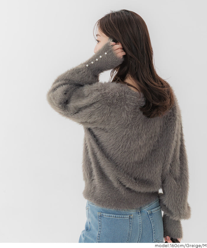 袖珍珠裝飾長毛針織上衣