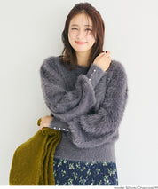 袖珍珠裝飾長毛針織上衣