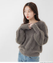 袖珍珠裝飾長毛針織上衣