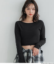 2WAY領口羅紋短版長袖T恤