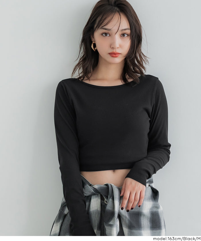 2WAY領口羅紋短版長袖T恤