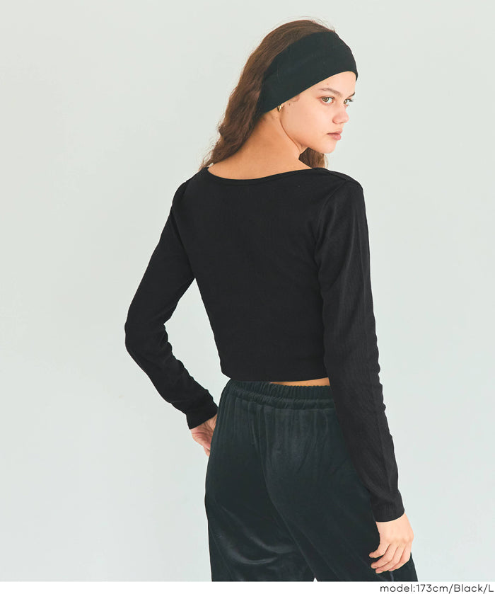 2WAY領口羅紋短版長袖T恤