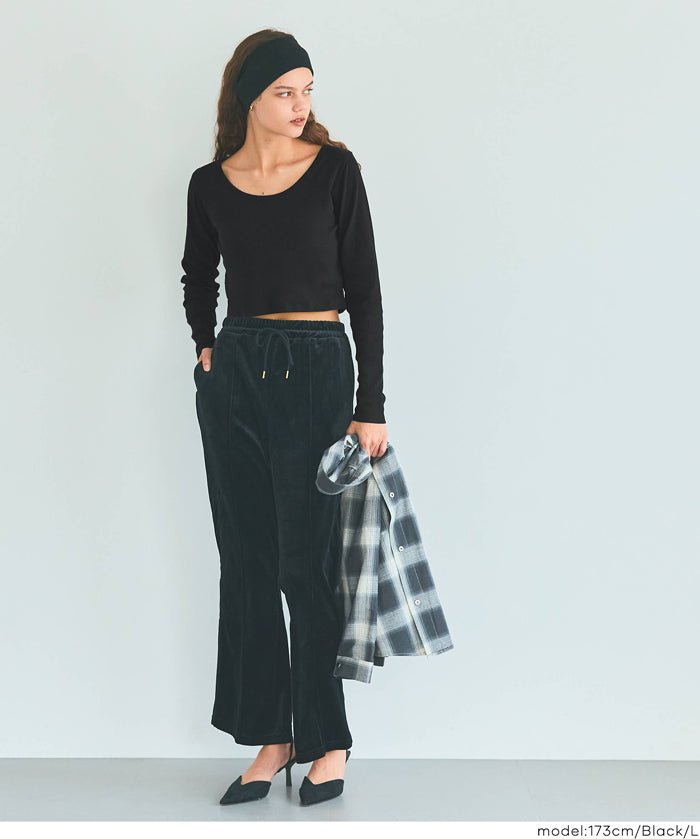 2WAY領口羅紋短版長袖T恤