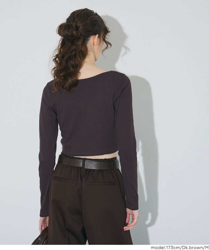 2WAY領口羅紋短版長袖T恤