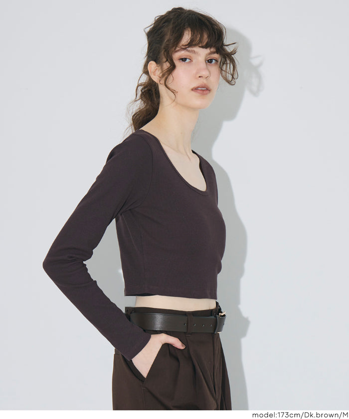 2WAY領口羅紋短版長袖T恤