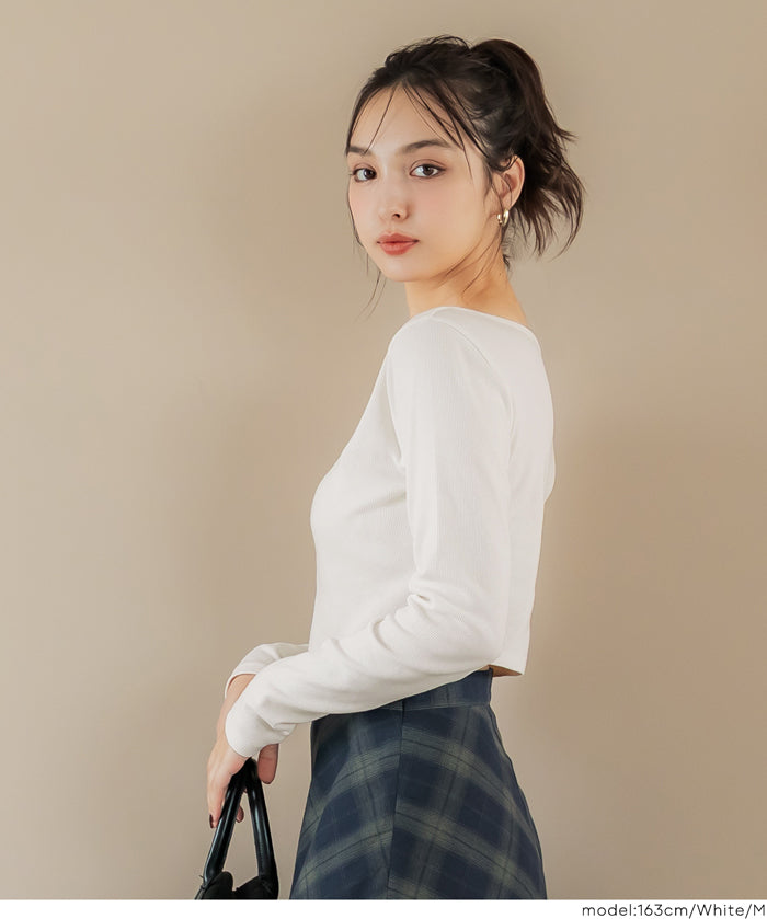 2WAY領口羅紋短版長袖T恤