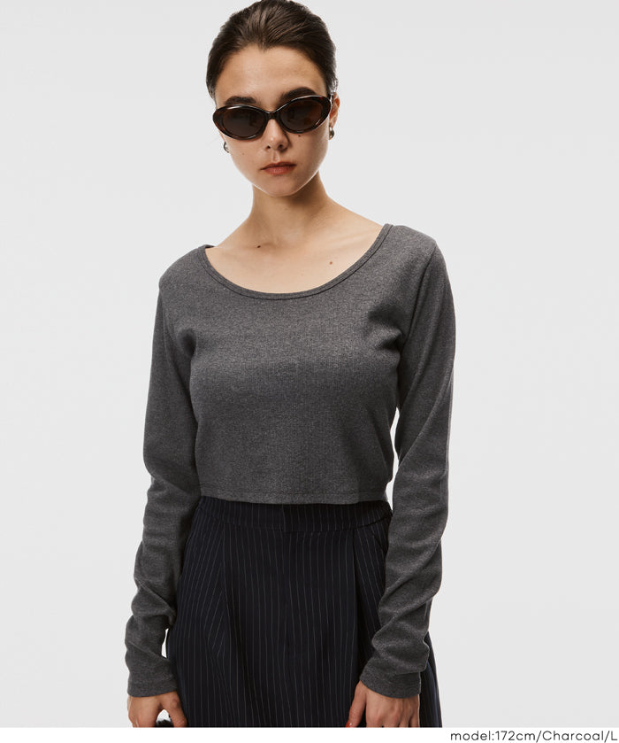 2WAY領口羅紋短版長袖T恤