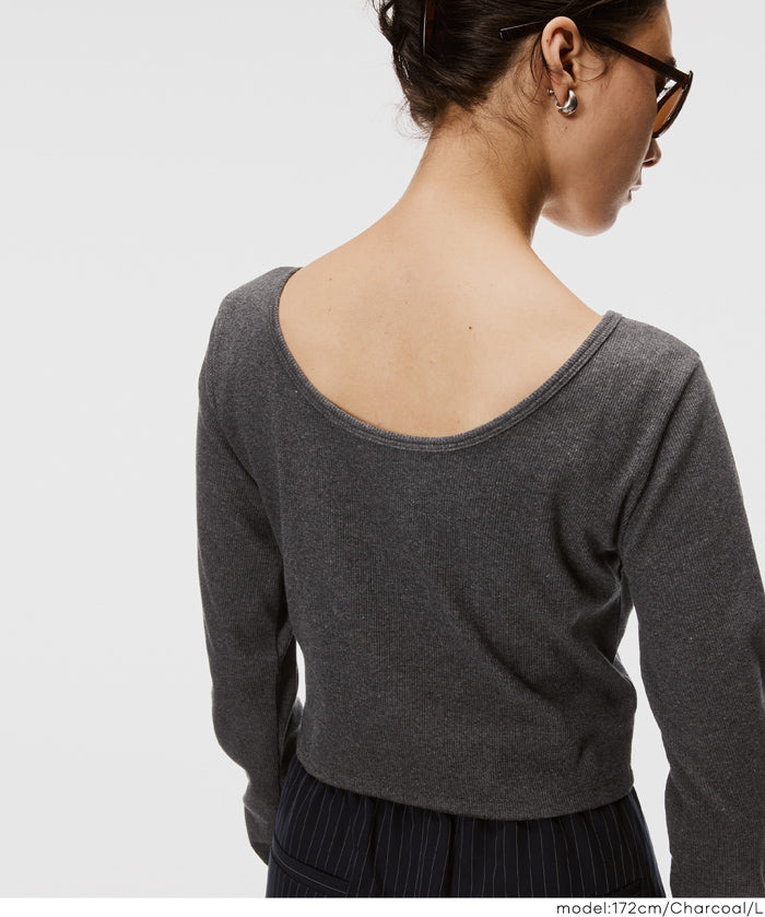 2WAY領口羅紋短版長袖T恤