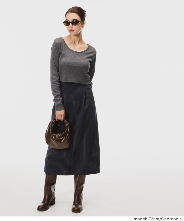 2WAY領口羅紋短版長袖T恤