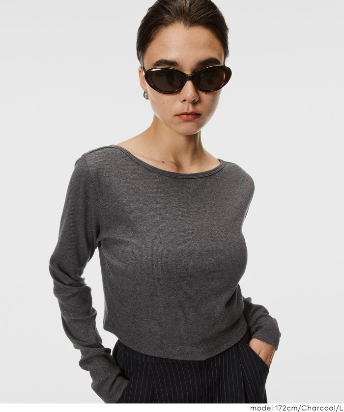 2WAY領口羅紋短版長袖T恤