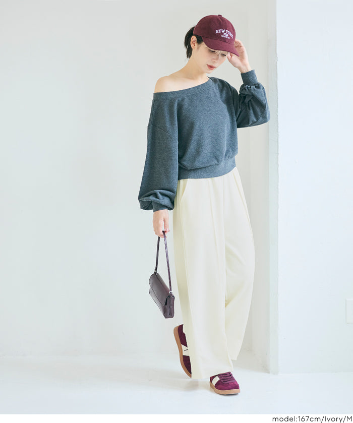 壓紋中線休閒寬褲