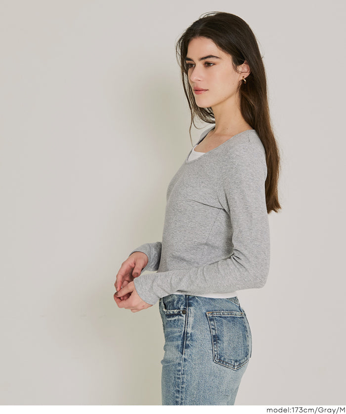 內刷毛假兩件層次羅紋上衣