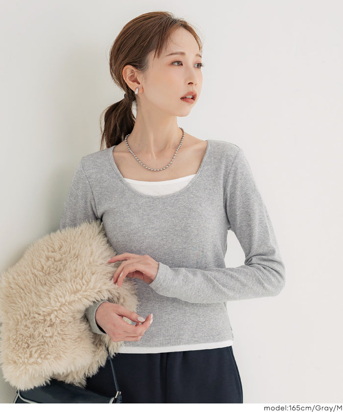 內刷毛假兩件層次羅紋上衣