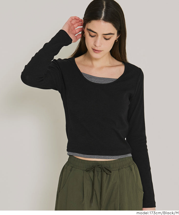 內刷毛假兩件層次羅紋上衣