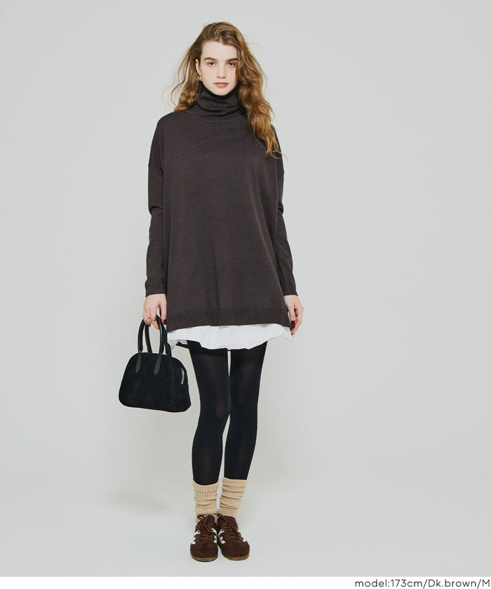 高領中長款顯瘦蝙蝠袖針織上衣