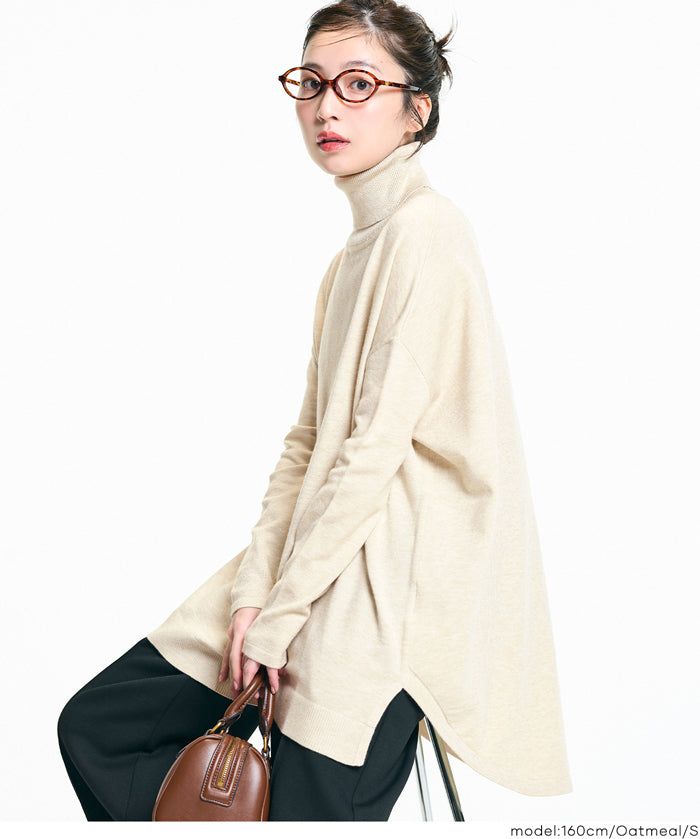 高領中長款顯瘦蝙蝠袖針織上衣