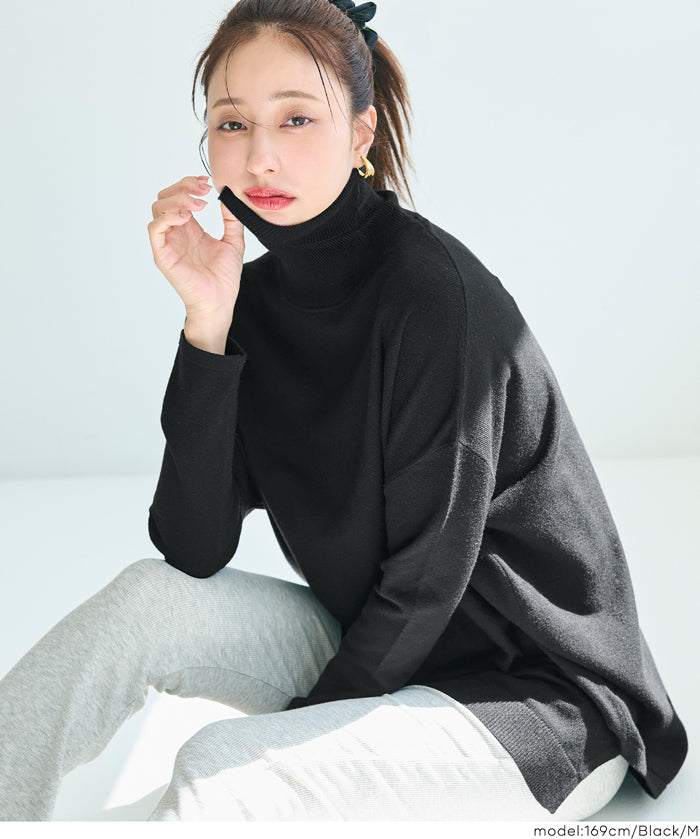 高領中長款顯瘦蝙蝠袖針織上衣