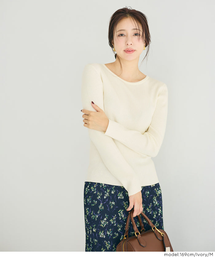 【輕量針織】圓領圓弧下擺上衣