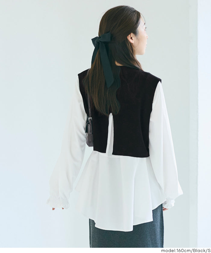 兩件式 針織背心&荷葉襯衫 套裝