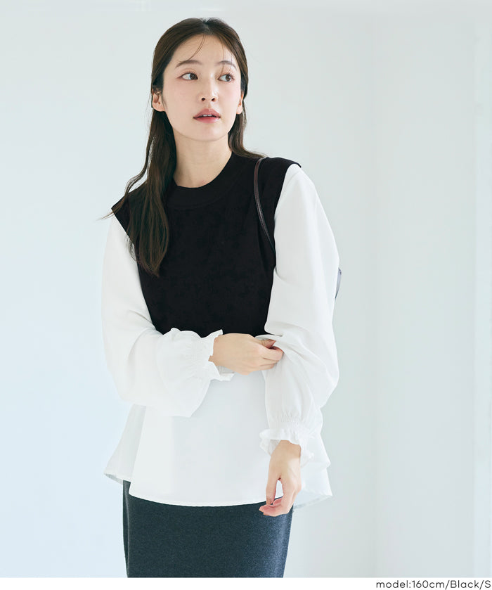 兩件式 針織背心&荷葉襯衫 套裝