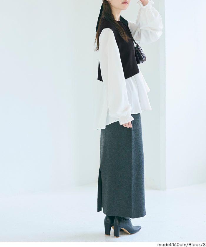 兩件式 針織背心&荷葉襯衫 套裝