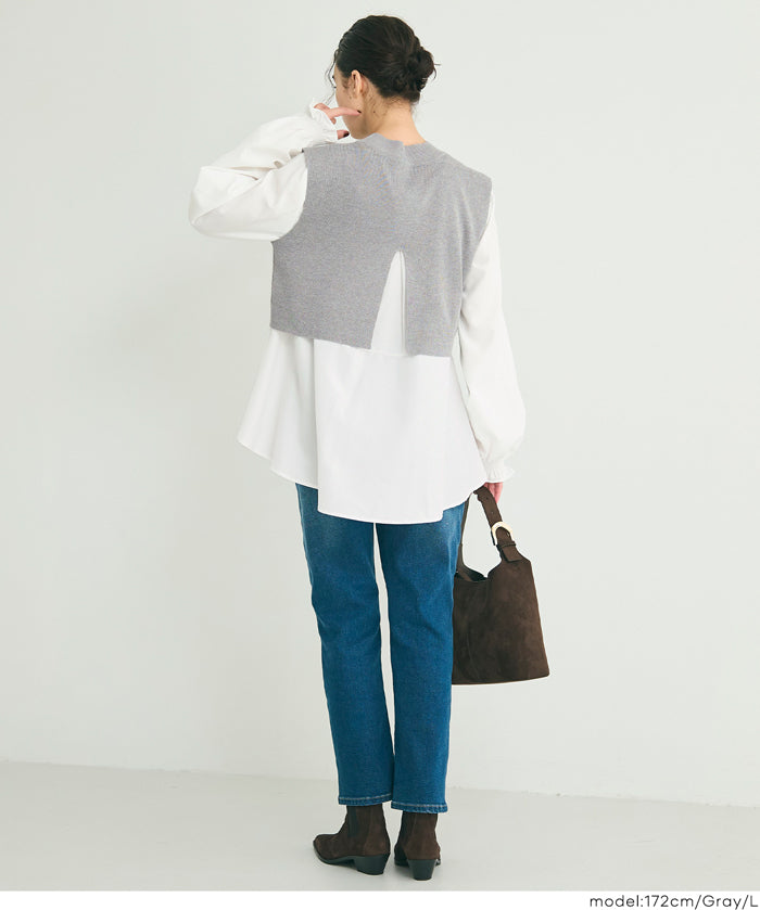 兩件式 針織背心&荷葉襯衫 套裝